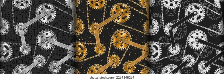 Set of seamless patterns with gears, bike chains, rivets, metal rails on grunge texture dark background. Vector illustration in steampunk style. T-shirt pattern.