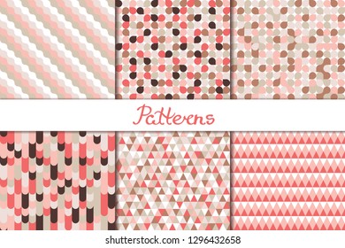 Set of seamless patterns. Geometric backgrounds with circles, waves, triangles in color live coral. Design of various surfaces. Vector illustration.