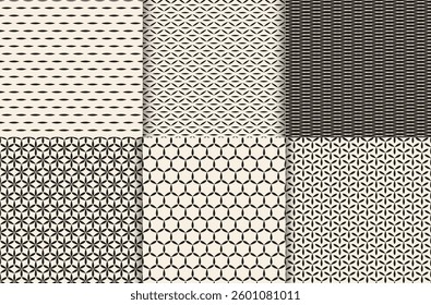 Set of seamless patterns with geometric hexagons, strokes, flowers. Endless stylish texture. Ripple monochrome background. Linear hexagon grid. Different swatches.