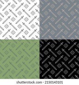 set of seamless patterns with geometric  knight swords. Tournament, beginning of medieval duel. Ornament for decoration and printing on fabric. Design element. Vector
