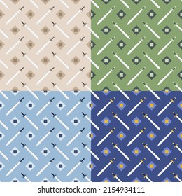 conjunto de patrones sin fisuras con espadas geométricas de caballero para papel pintado de pared y embalaje de juguete. Ornamento para decoración e impresión en tela. Elemento de diseño. Vector