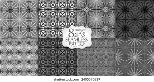 Set of seamless patterns with geometric ornaments, vector black and white backgrounds collection