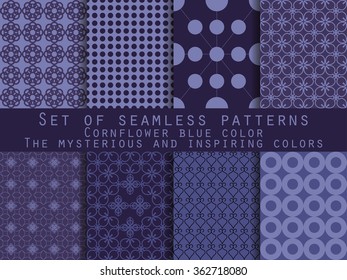 Set of seamless patterns. Geometric seamless pattern. Cornflower blue, navy blue, mysterious and inspiring.