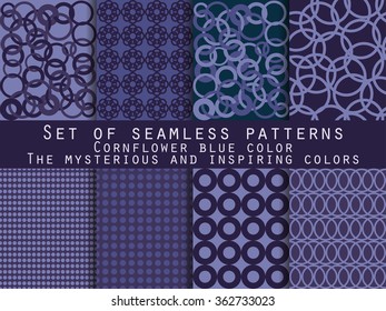 Set of seamless patterns. Geometric seamless pattern. Cornflower blue, navy blue, mysterious and inspiring.