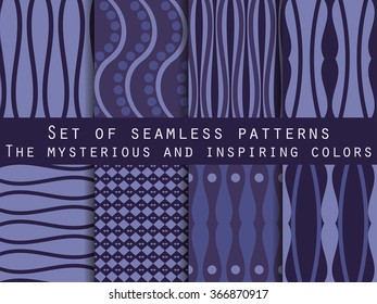 Set of seamless patterns. Geometric seamless pattern. Cornflower blue, navy blue, mysterious and inspiring. The pattern for wallpaper, tiles, fabrics, backgrounds.