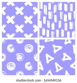 Set of seamless patterns with geometric shapes: circles, triangles, crosses, stripes painted in grunge style with ink. Hand drawn vector wallpapers. Violet backgrounds.