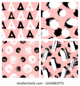 Zusammenstellung nahtloser Muster mit geometrischen Formen: Kreise, Dreiecke, Kreuze, Streifen im Grunge-Stil mit Tinte bemalt. Handgezeichnete Bildschirmhintergründe aus der Vektorillustration. Pfirsich, weißer, schwarzer Hintergrund.
