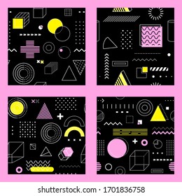 Set of seamless patterns with geometric shapes and figures for memphis design. Endless texture can be used for pattern fills, web page background, surface textures. Vector illustration EPS8