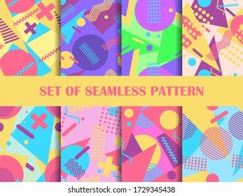 Set of seamless patterns with geometric shapes in the style of Memphis 80s.  Eighties print colorful background for promotional products, wrapping paper and printing. Vector illustration