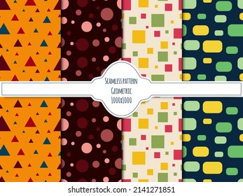 A set of seamless patterns with geometric shapes, circles, triangles and squares, 1000x1000 pixels. Vector graphics.