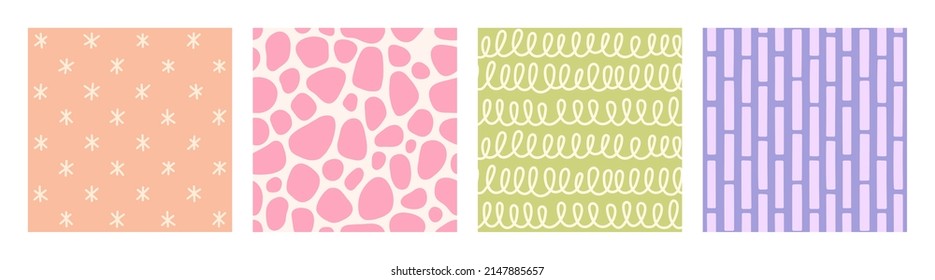Set of seamless patterns with geometric shapes in pastel colors. Patterns with stars, spots, spirals, bricks. Colorful background, print. Hand drawn vector illustration.