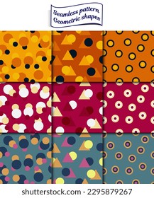 A set of seamless patterns with geometric shapes, circles, triangles and squares, 1000x1000 pixels. EPS10 Vector Graphics