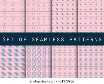 Set of seamless patterns with geometric shapes. Rose quartz and serenity violet colors. Vector.