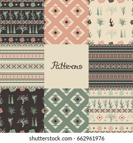 Set of seamless patterns with geometric shapes, succulents and cacti. Eight textures. Vector illustration.