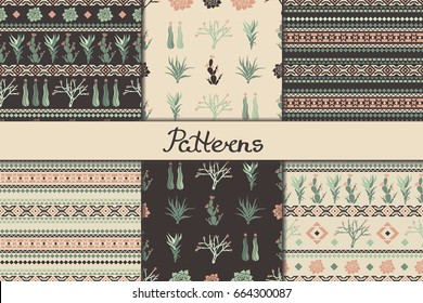 Set of seamless patterns with geometric shapes, succulents and cacti. Vector illustration.