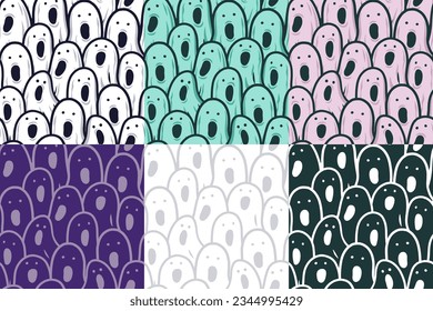 Set of seamless patterns with ghost for halloween design. Wallpapers or background with spirit or soul for october party banner, poster or postcard