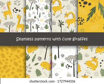 Set of seamless patterns with Giraffes and plants. Vector illustration for kids, nursery, clothing, textiles, wallpaper