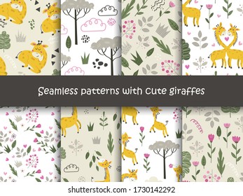 Set of seamless patterns with Giraffes and plants. Vector illustration for kids, nursery, clothing, textiles, wallpaper