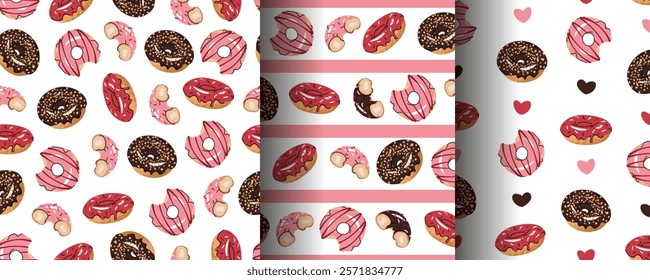 Set of Seamless patterns with glazed donuts. Repeating texture with delicious dessert for fabric, wallpaper, paper, etc.