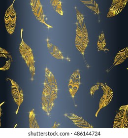 Set of Seamless patterns with gold Feathers collection, sparks, shine. Decorative elements, Vector illustration.