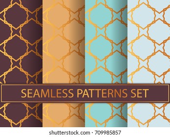 Set of seamless patterns in golden color on colorful backgrounds. Templates with luxury foil. Abstract, geometric, art deco pages for textile, wallpapers, tablecloth, curtain, packaging etc.