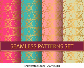 Set of seamless patterns in golden color on colorful backgrounds. Templates with luxury foil. Abstract, geometric, art deco pages for textile, wallpapers, tablecloth, curtain, packaging etc.