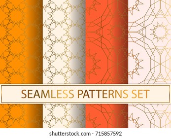 Set of seamless patterns in golden color on colorful backgrounds. Templates with luxury foil. Abstract, geometric, art deco pages for textile, wallpapers, tablecloth, curtain, packaging etc.