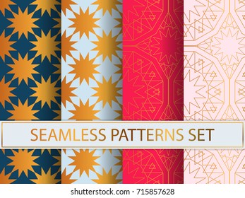 Set of seamless patterns in golden color on colorful backgrounds. Templates with luxury foil. Abstract, geometric, art deco pages for textile, wallpapers, tablecloth, curtain, packaging etc.