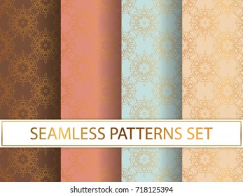 Set of seamless patterns in golden color on colorful backgrounds. Templates with luxury foil. Abstract, geometric, art deco pages for textile, wallpapers, tablecloth, curtain, packaging etc.