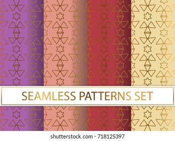 Set of seamless patterns in golden color on colorful backgrounds. Templates with luxury foil. Abstract, geometric, art deco pages for textile, wallpapers, tablecloth, curtain, packaging etc.