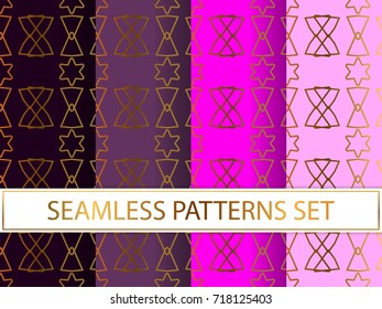 Set of seamless patterns in golden color on colorful backgrounds. Templates with luxury foil. Abstract, geometric, art deco pages for textile, wallpapers, tablecloth, curtain, packaging etc.
