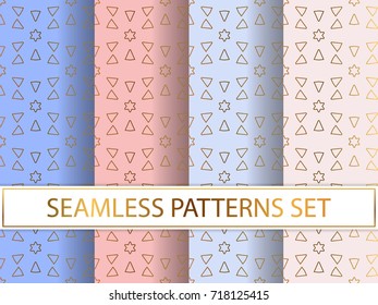 Set of seamless patterns in golden color on colorful backgrounds. Templates with luxury foil. Abstract, geometric, art deco pages for textile, wallpapers, tablecloth, curtain, packaging etc.