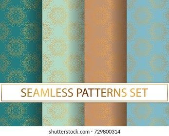 Set of seamless patterns in golden color on colorful backgrounds. Templates with luxury foil. Abstract, geometric, art deco pages for textile, wallpapers, tablecloth, curtain, packaging etc.