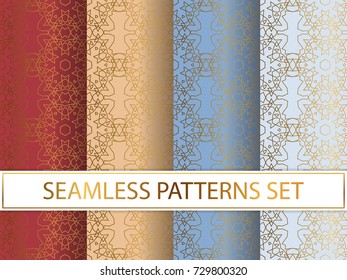 Set of seamless patterns in golden color on colorful backgrounds. Templates with luxury foil. Abstract, geometric, art deco pages for textile, wallpapers, tablecloth, curtain, packaging etc.