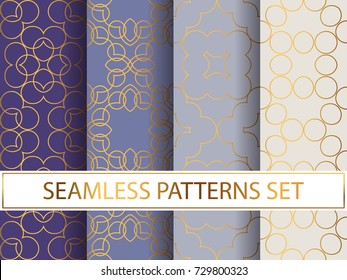 Set of seamless patterns in golden color on colorful backgrounds. Templates with luxury foil. Abstract, geometric, art deco pages for textile, wallpapers, tablecloth, curtain, packaging etc.