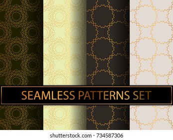 Set of seamless patterns in golden color on colorful backgrounds. Templates with luxury foil. Abstract, geometric, art deco pages for textile, wallpapers, tablecloth, curtain, packaging etc.