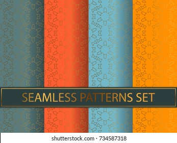 Set of seamless patterns in golden color on colorful backgrounds. Templates with luxury foil. Abstract, geometric, art deco pages for textile, wallpapers, tablecloth, curtain, packaging etc.