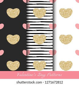 Set of seamless patterns with golden glittering and pink hearts. Glitter gold vector design textures for Valentine's day holiday, Christmas, birthday greeting cards, sales, banner.