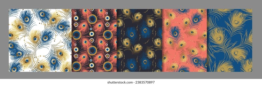 Set of seamless patterns with golden peacock feathers. Vintage decorative wallpaper.