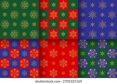 A set of seamless patterns with golden snowflakes. Perfect for Christmas, New Year, and other winter-themed designs. Vector
