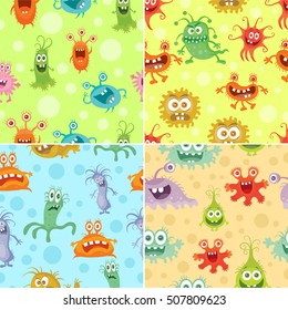 Set of seamless patterns with good and bad bacteria cartoon characters. Funny virus germs in flat style. Microbes endless texture. Dangerous organisms parasites. Wallpaper design. Vector illustration