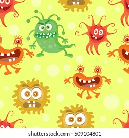 Set of seamless patterns with good and bad bacteria cartoon characters. Funny virus germs in flat style. Microbes endless texture. Dangerous organisms parasites. Wallpaper design. Vector illustration