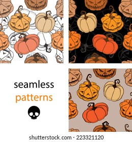 Set of seamless patterns with Gothic hand-drawn angry or smiling pumpkins