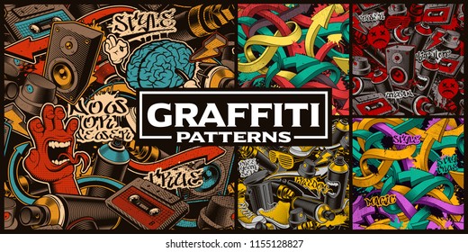 Set of seamless patterns with graffiti art. Fashion backgrounds with doodle characters. 