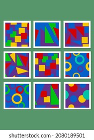 A set of seamless patterns of graphic elements and simple geometric shapes in bright colors. vector abstract compositions