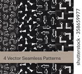 Set of seamless patterns with gray arrows on black background. Vector monochrome retro 80s or 90s style abstract background. Perfect for textile fabric design, paper and website wallpaper