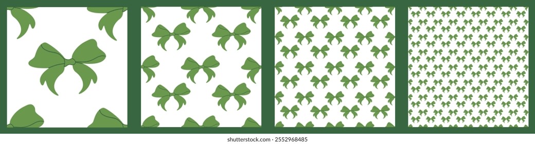 Set of seamless patterns of green bows on a white background. Various designs in vector.