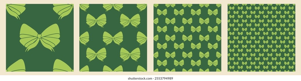 Set of seamless patterns of green bows on a green background. Various designs in vector.