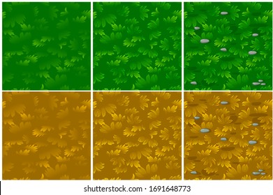 Conjunto de patrones sin fisuras de pasto verde y seco en 3 pasos. Fondos de hierba texturada en mejor dibujo.