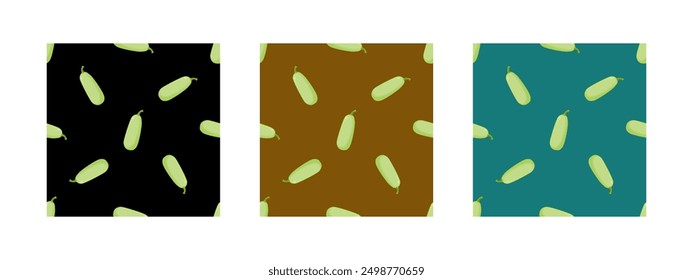A set of seamless patterns with a green squash. The patterns are on a colorful background.